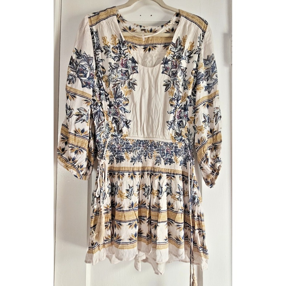 Free People leaf print drawstring smocked drop waist side tie tunic dress S